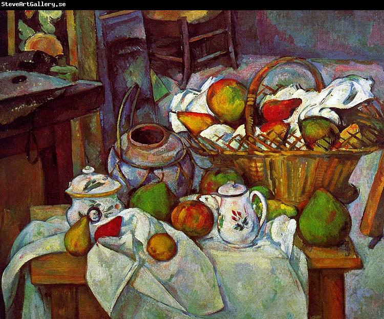 Paul Cezanne Vessels, Basket and Fruit